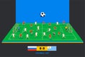 3D isometric football field with football teams. Sport theme, soccer sports field, stadium. Colorful football players on