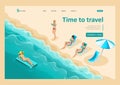 3D isometric, girls relax on the beach. Advertising concept for a travel agency. Vector illustration. Landing Page