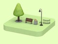 Isometric green parks summer concept with low poly tree chair lamp flowers cartoon style 3d rendering