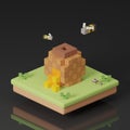 3D isometric honeycomb pixel with bee in garden, classic game