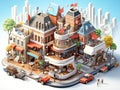 3d isometric illustration Big local shops restaurant and retail shopping buildings Generative AI