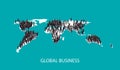 3d isometric illustration of business people standing on the world global map shape. global business cooperation concept.