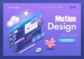 3D Isometric illustration, Cartoon. Animation creation program. Creating video clips, motion design. Trending Landing