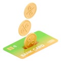 3D isometric illustration of cash back coins droping into credit card
