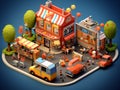 3d isometric illustration community mall party event with small local shops restaurant, stalls, food truck, Generative AI Royalty Free Stock Photo