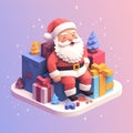 3D isometric illustration of a cute cartoon Santa figure sitting on a pile of Christmas gifts.