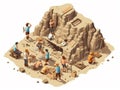 3D isometric illustration of several archaeologists carrying out excavation work at an archaeological site.