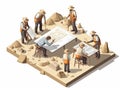 3D isometric illustration of several archaeologists carrying out excavation work at an archaeological site.