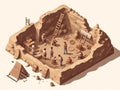 3D isometric illustration of several archaeologists carrying out excavation work at an archaeological site.