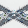 3D Isometric Illustration of Smart City Intersection with Autonomous Vehicles and Traffic Control Tower Royalty Free Stock Photo