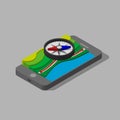 3D isometric illustration. Three-dimensional magnetic compass over the map.