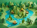 3d isometric landscape of the forest and mountains, river and trees in forest. paper cut concept Royalty Free Stock Photo