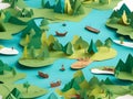 3d isometric landscape of the forest and mountains, river and trees in forest. paper cut concept Royalty Free Stock Photo