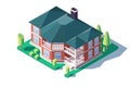 3d isometric large comfortable home with green tree, lawn and balcony.