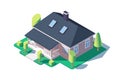 3d isometric large cozy one story house with green tree.