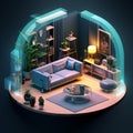 3D Isometric Living Room with Modern Furniture and Blue Couch