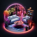 3D Isometric Living Room with Modern Furniture and Blue Couch