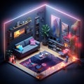 3D Isometric Living Room with Modern Furniture and Blue Couch