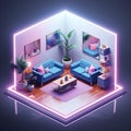 3D Isometric Living Room with Modern Furniture and Blue Couch