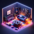 3D Isometric Living Room with Modern Furniture and Blue Couch