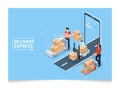 3D isometric Logistics and Delivery services concept with People transport product boxes from suppliers to buyers and Warehouse,