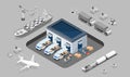 3D isometric logistics Warehouse Work Process Concept with Transportation operation service, Export, Import, Cargo, Forklift, Royalty Free Stock Photo