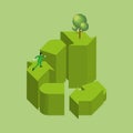 3D Isometric of a man runs on a loop of step RECYCLE Symbol with a tree. Recycling cycle concept