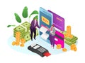 3d isometric market with online mobile payment vector illustration. People use smartphone marketing, shop in store app