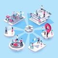 3d isometric marketing people. Social media market, interests target group representatives and business customers map vector