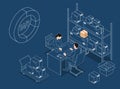 3D isometric Online delivery concept with a man and a woman decide the delivery addresses for packages in the warehouse. Vector