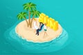 3D isometric paradise island in the middle of the ocean, male businessman relaxing under a tropical palm tree with girls