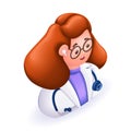 3D Isometric people character illustration. Cartoon red-haired young doctor. Beautiful girl medical worker with freckles