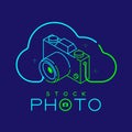 3D isometric Photographer logo icon outline stroke in cloud frame made from neck strap camera design illustration isolated on dark