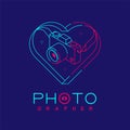 3D isometric Photographer logo icon outline stroke in heart love frame made from neck strap camera design illustration isolated on