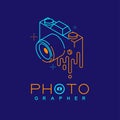 3D isometric Photographer logo icon outline stroke with melt camera design illustration isolated on dark blue background with