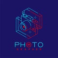 3D isometric Photographer logo icon outline stroke in photo frame made from neck strap camera design illustration isolated on dark