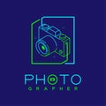 3D isometric Photographer logo icon outline stroke in photo frame made from neck strap camera design illustration isolated on dark