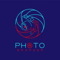 3D isometric Photographer logo icon outline stroke in shutter frame made from neck strap camera design illustration isolated on