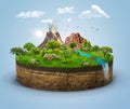 3d isometric piece forest land with trees, mountains, waterfall and green grass. Royalty Free Stock Photo