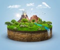 3d isometric piece forest land with trees, mountains, waterfall and green grass. 3d illustration of green fantasy forest island Royalty Free Stock Photo