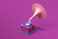 3d isometric pink gramophone front view for classic music.