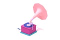 3d isometric pink gramophone front view for classic music.