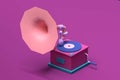 3d isometric pink gramophone front view for classic music.