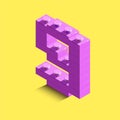 3d isometric pink number Nine from lego brick on yellow background. 3d number from lego bricks. Realistic number