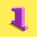 3d isometric pink number One from lego brick on yellow background. 3d number from lego bricks. Realistic number