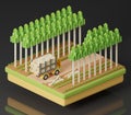 3D isometric pixel eucalyptus tree with truck on black background, for industry