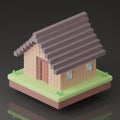 3D isometric pixel house with grass and soil on black ground