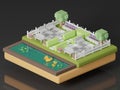 3D isometric pixel park with pond in classic game on black background