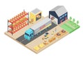 3d isometric process of the warehouse. Cargo storage vector illustration. Warehouse logistic interior, building