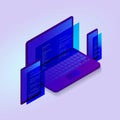 3d isometric programmer code vector icon with laptop, phone and tablet icon with code on the screens of devices.